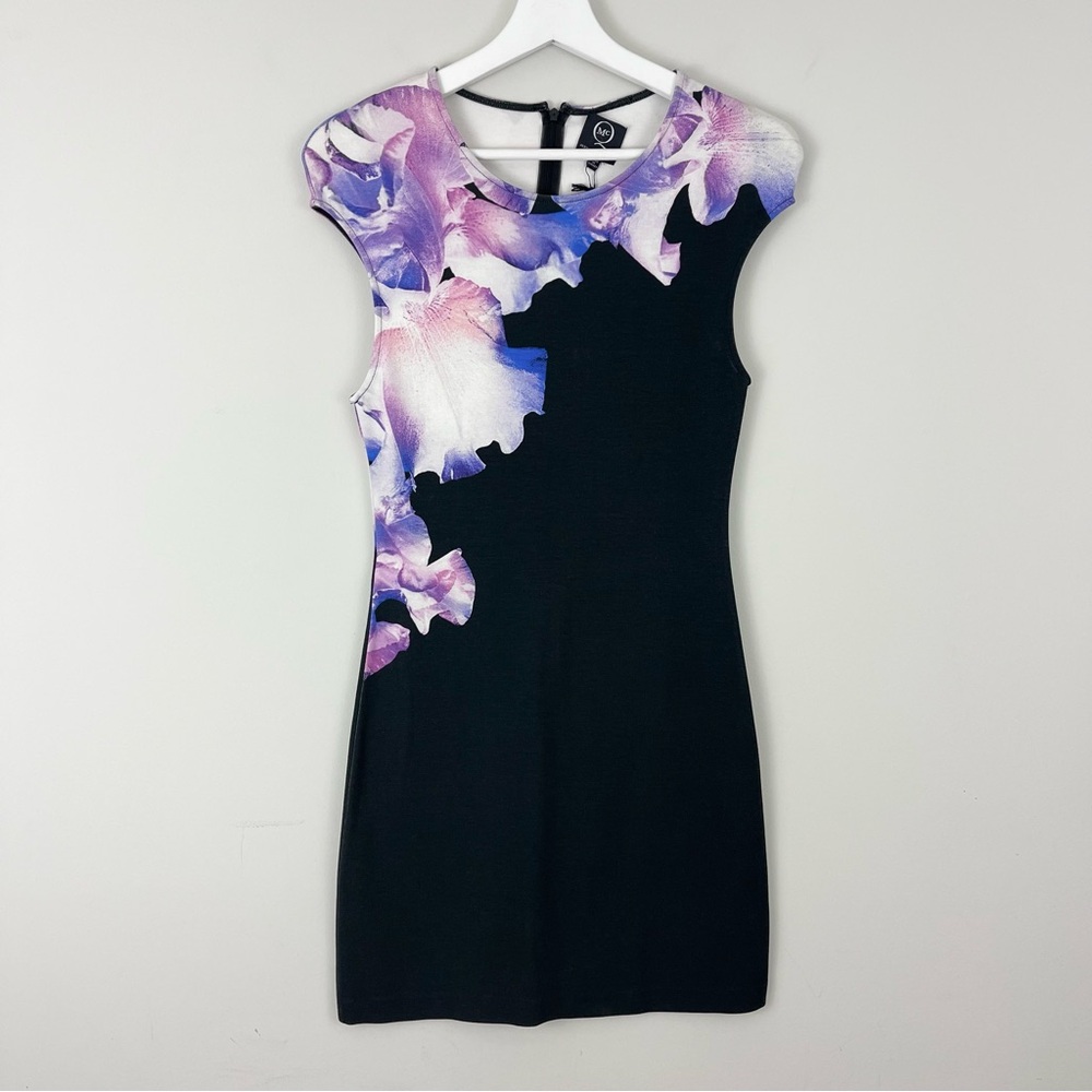 McQ Alexander Mcqueen Stretch Bodycon Floral Mini Dress Black Purple White